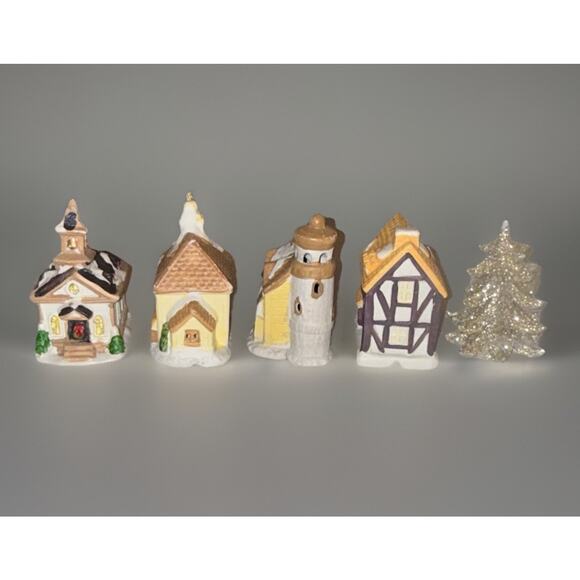 VTG Christmas Village Houses & Tree Approx 4.5”ea W Holes 4 Lights - Picture 2 of 13